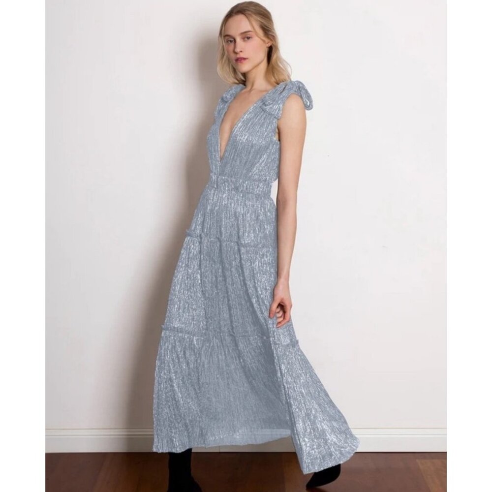 Sabina Musayev Helena Metallic Pleated Tie Shoulder Belted Maxi Dress in Light B